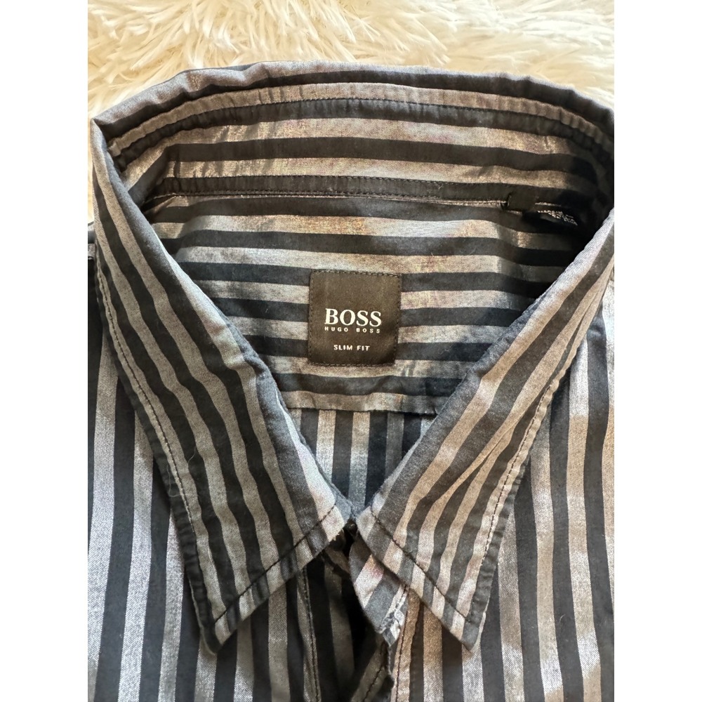 Hugo Boss Slim Fit Striped Button Down Shirt Mens XL Black Silver Grey Italy